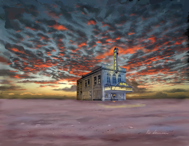 Originating as an endpaper design, this painting was promoted to cover status and also has enjoyed a further incarnation as an art print. The original book is "Matinee at the Flame," a horror anthology by Christopher Fahy, from Overlook Press.